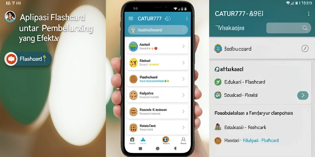 Antarmuka aplikasi CATUR777 menampilkan Flashcard dengan desain menarik.