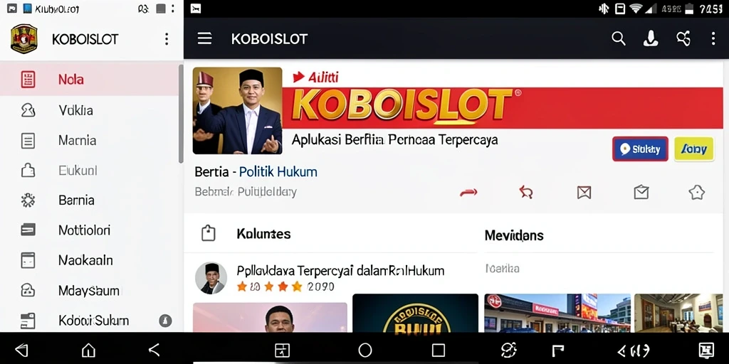 Antarmuka KOBOISLOT menampilkan berita hukum dan politik terkini.
