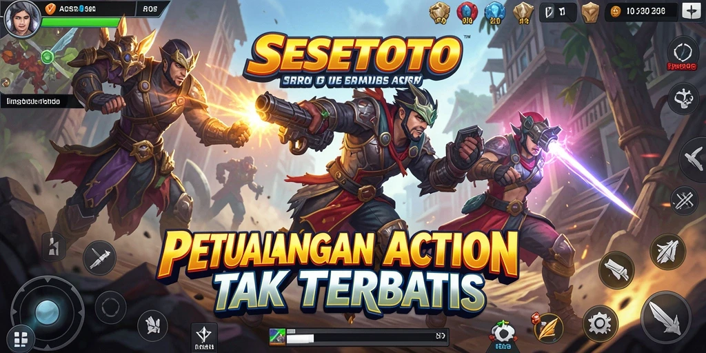 Antarmuka permainan SESETOTO dengan aksi mendebarkan dan karakter yang dinamis.